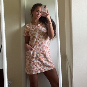 Vintage 90s Studio 25 Cotton Denim Orange Daisy Short Sleeve Mini Sun Dress